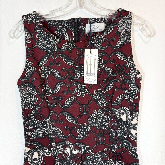 Closet London Fit & Flare Dress Burgundy Black & White Floral Sleeveless Size 4 - Picture 1 of 10